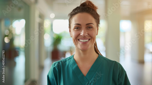 Free Download A smiling healthcare worker in teal scrubs, standing in a bright, modern clinic hallway, exuding positivity and professionalism. - GFXLoad
