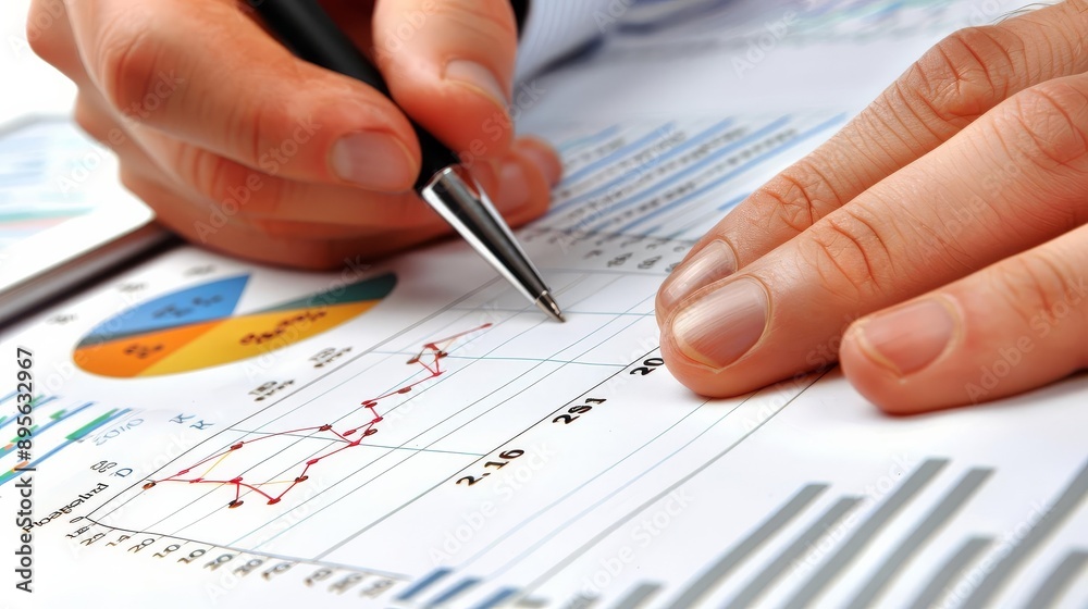 Business professional analyzing financial data, charts, and graphs on paper with pen in hand. Ideal for finance, accounting, and investment themes. Business professional analyzing financial data, charts, and graphs on paper with pen in hand. Ideal for finance, accounting, and investment themes.