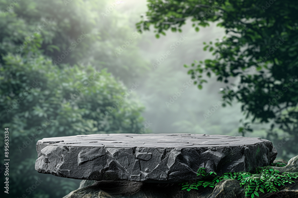 Stone podium mockup for product placement, forest on background Stone podium mockup for product placement, forest on background