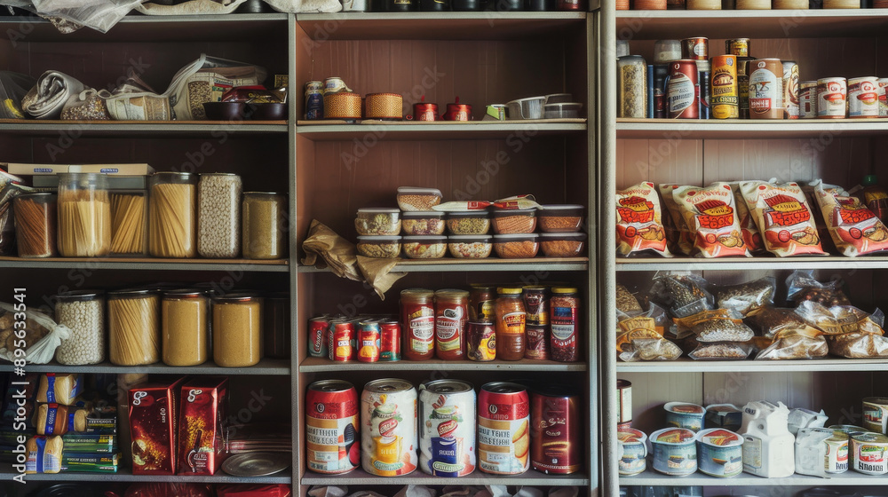 Stocked pantry shelves with an assortment of pasta, beans, canned goods, and packaged food items, emphasizing preparedness and variety in home food storage. Stocked pantry shelves with an assortment of pasta, beans, canned goods, and packaged food items, emphasizing preparedness and variety in home food storage.