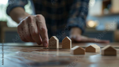 Fingers delicately placing a small wooden house piece on a table, focusing on details, symbolizing planning, construction, or real estate concepts.