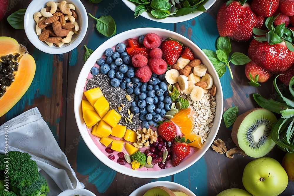 Vibrant smoothie bowl topped with fresh fruits and nuts Vibrant smoothie bowl topped with fresh fruits and nuts