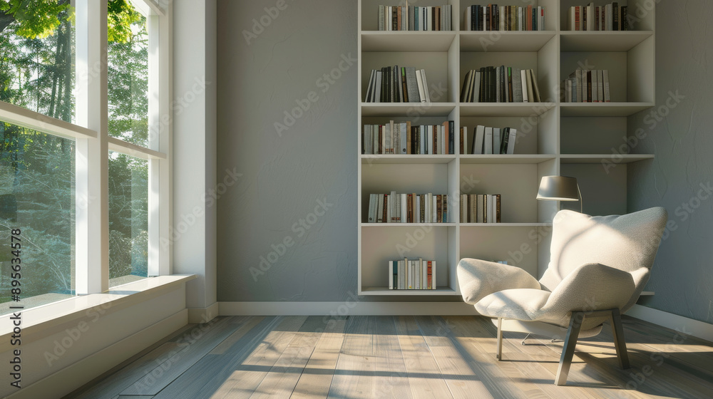 Fototapeta premium Sun-drenched reading nook with a plush armchair and a wall of bookshelves, inviting reflection and relaxation amidst a warm, homely ambiance.