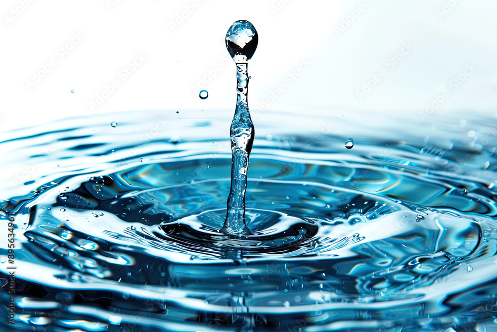 A pristine drop of water falling into a clear, blue pool, creating ripples that spread out in concentric circles A pristine drop of water falling into a clear, blue pool, creating ripples that spread out in concentric circles