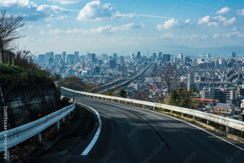 Fototapeta premium a road with a view of a city and a city in the background.