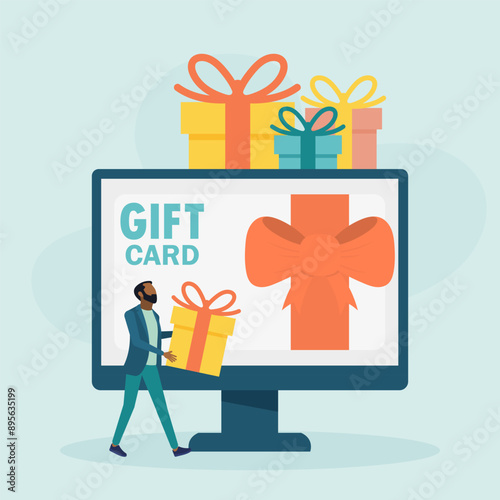 Online gift card, certificate, voucher or coupon on computer screen. Character and sale, loyalty program, bonuses, marketing. Vector illustration	