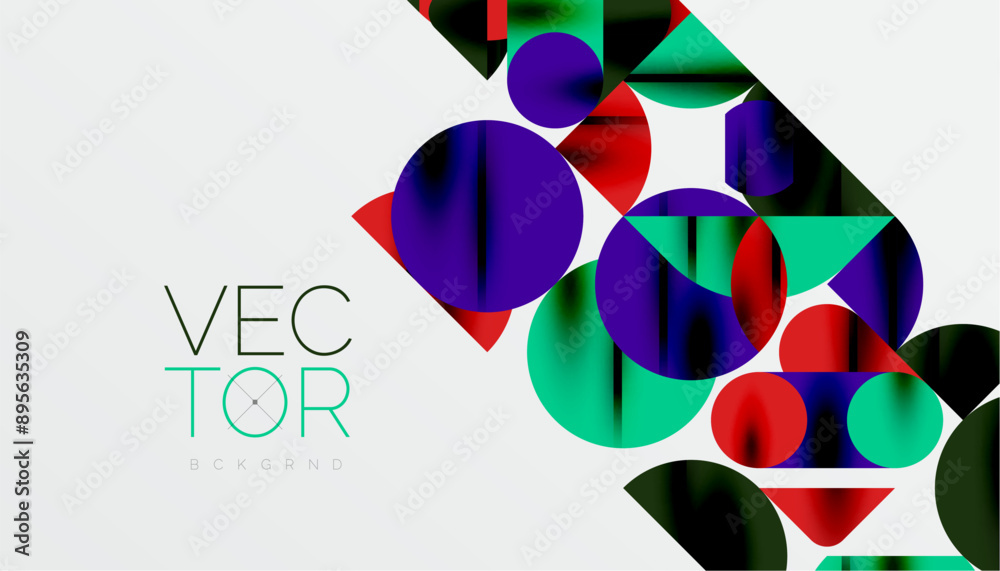 Color beautiful circles, semi circles, squares and round triangles. Geometric mosaic style pattern abstract background for wallpaper, banner, backdrop, card, book Illustration, landing page Color beautiful circles, semi circles, squares and round triangles. Geometric mosaic style pattern abstract background for wallpaper, banner, backdrop, card, book Illustration, landing page