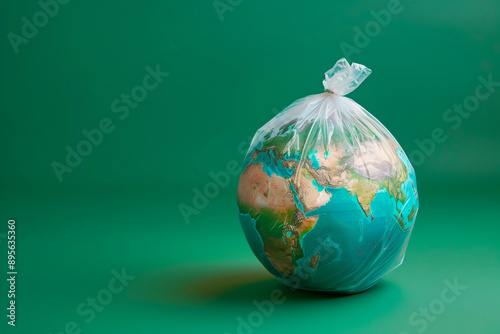 Earth globe in a plastic bag, green background, plastic danger concept