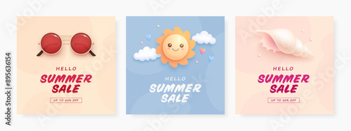 Set of discount square flyer, card or web banner with cartoon 3d sun, sunglasses, seashell. Hello summer sale realistic background with tropical beach elements. Vector illustration
