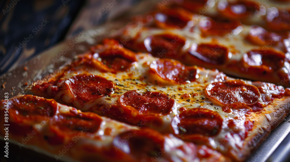 A mouthwatering close-up of pepperoni pizza with melted cheese, capturing the savory spices and perfectly cooked crust, making it an appetizing culinary delight. A mouthwatering close-up of pepperoni pizza with melted cheese, capturing the savory spices and perfectly cooked crust, making it an appetizing culinary delight.