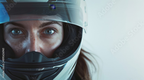 Close-up of a focused motorcyclist in a helmet, exuding a sense of adventure and readiness for an exhilarating ride. photo