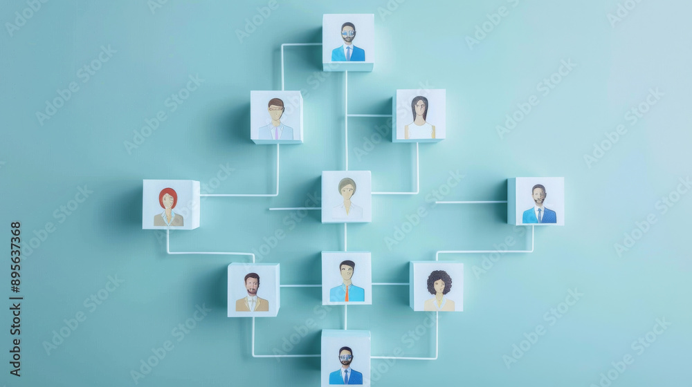 Illustration of a hierarchical organization structure featuring individual profiles connected by lines, emphasizing workflow and connectivity. Illustration of a hierarchical organization structure featuring individual profiles connected by lines, emphasizing workflow and connectivity.