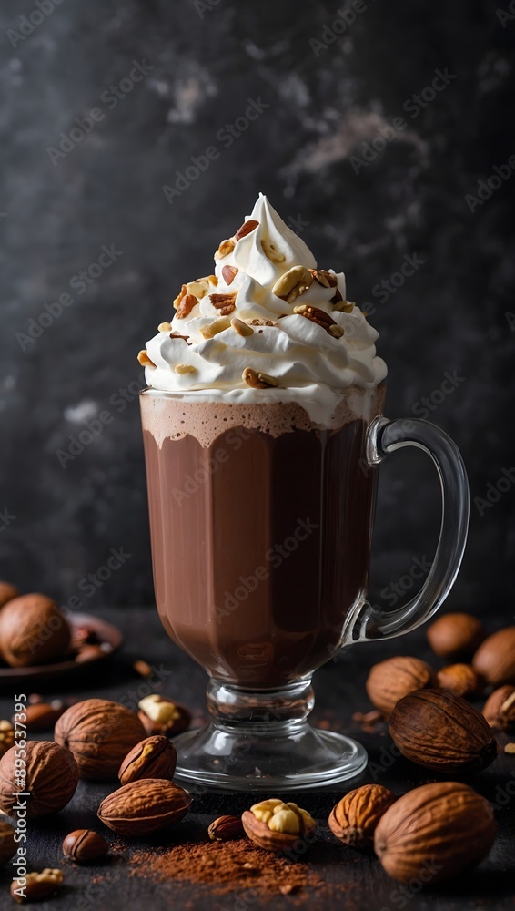 hot chocolate drink with whipped cream and nuts on the table