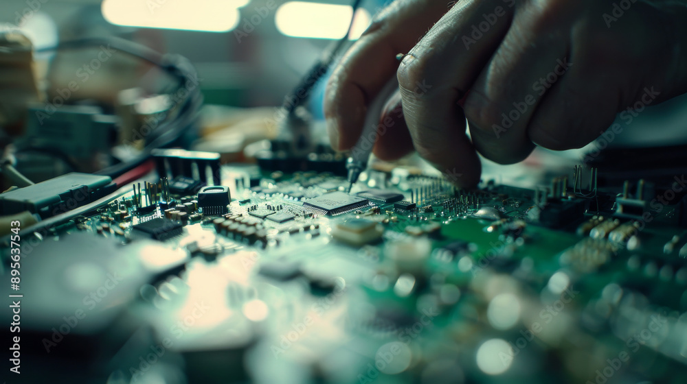 A close-up of hands skillfully working on electronic circuit boards, showcasing the precision and intricacy of modern technology.
