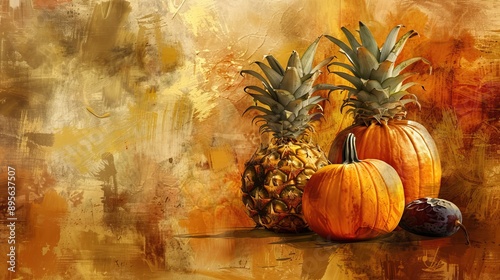 Still life painting of a pineapple, pumpkin, and eggplant on a textured background in warm autumn colors photo