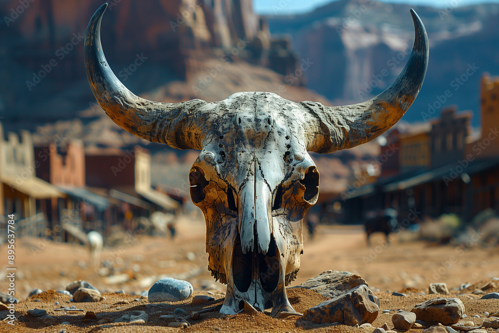 Buffalo skull lying on the sand against the backdrop of a Wild West town, photorealistic style Buffalo skull lying on the sand against the backdrop of a Wild West town, photorealistic style