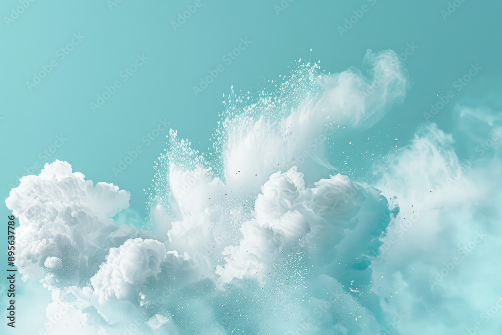 An advertisment photograph of a cloud of dust, light teal background An advertisment photograph of a cloud of dust, light teal background