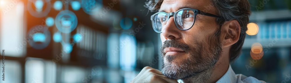 Closeup of a charming executive man brainstorming, development and motivation icons, spacious copy space, focus