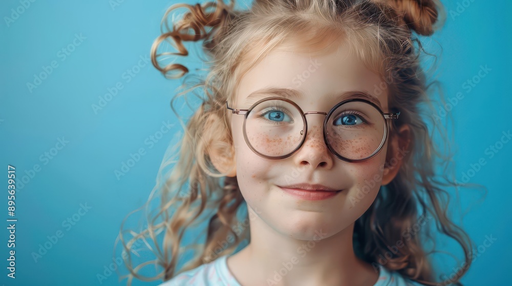 cheerful portrait of a young girl with bouncy blonde curls and oversized quirky eyeglasses vibrant solid blue background playful and innocent expression capturing childhood wonder cheerful portrait of a young girl with bouncy blonde curls and oversized quirky eyeglasses vibrant solid blue background playful and innocent expression capturing childhood wonder