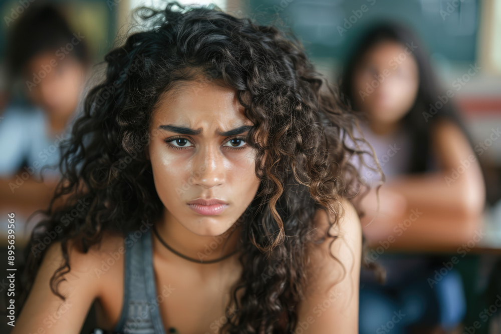 college girl latina with curly hair, angry to camera in classroom college girl latina with curly hair, angry to camera in classroom