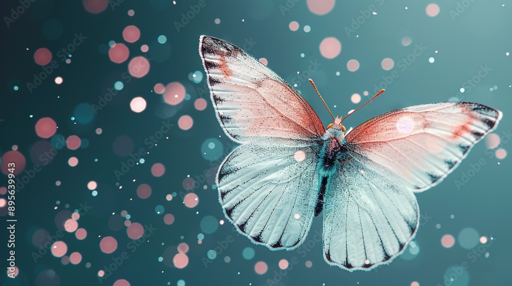 A close-up of a butterfly flying in the air with a blurry background of small pink and blue bubbles is optimized as A clear shot of a butterfly mid-fl A close-up of a butterfly flying in the air with a blurry background of small pink and blue bubbles is optimized as A clear shot of a butterfly mid-fl