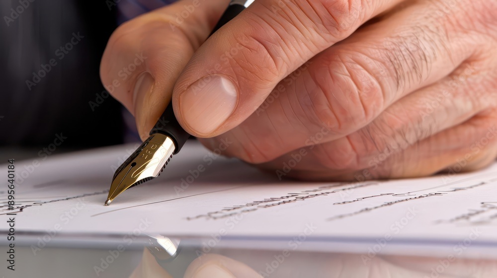closeup of a mans hand signing an important contract the scene conveys professionalism and significance with attention to detail on the pen and document