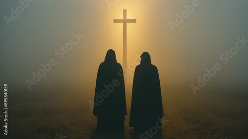 Generative AI, Hooded figures standing in front of a cross at sunrise