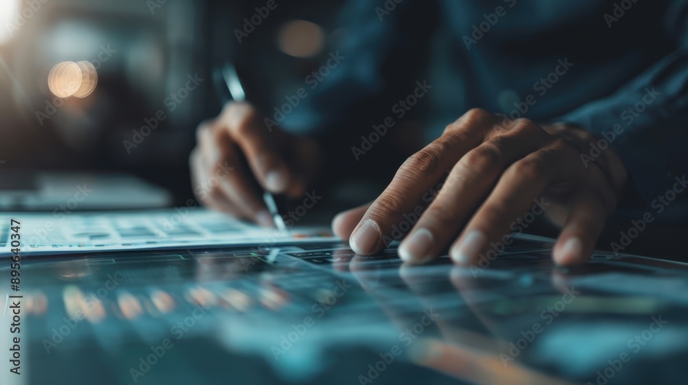 A professional's hands skillfully write on a document laid on a desk, supported by a digital device in a business environment with a contemplative and dedicated approach. A professional's hands skillfully write on a document laid on a desk, supported by a digital device in a business environment with a contemplative and dedicated approach.