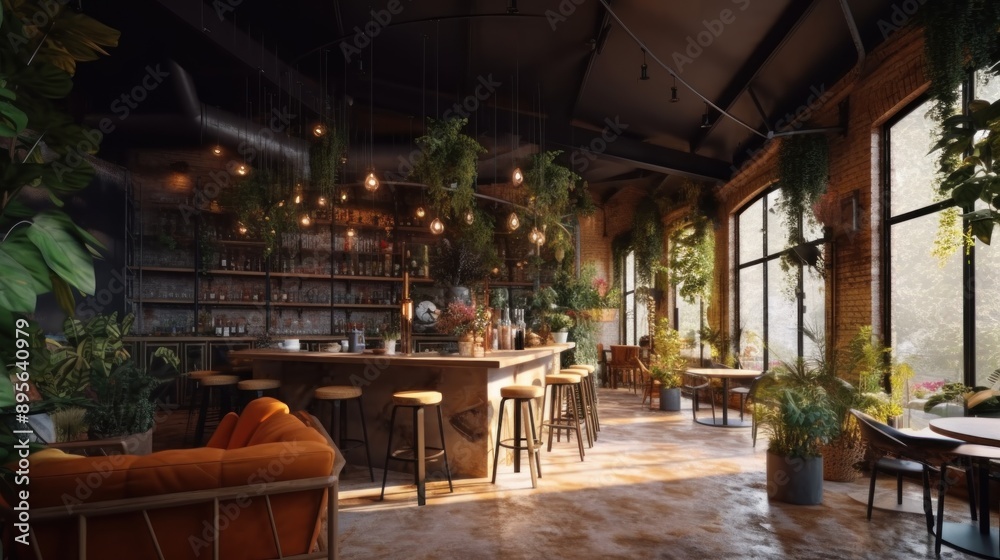 Naklejka premium Modern Bar with Lush Greenery and Natural Light