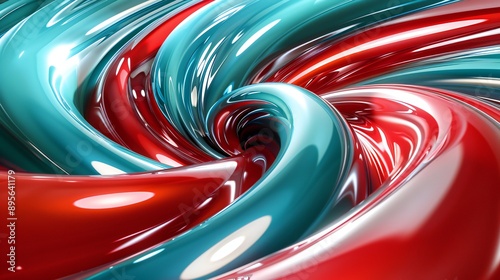 Radiant spiral 3D lines, vivid red and turquoise background, swirling depth and soft shadows, energetic effect, striking and bold composition. photo