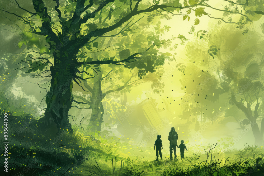 a painting of a family in a park Green family scene a painting of a family in a park Green family scene