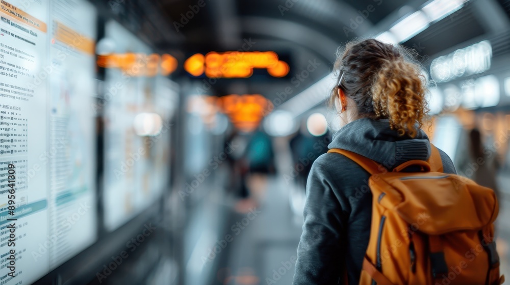 The image portrays a traveler wearing an orange backpack walking through a modern train station, navigating through the dynamic environment with illuminated signs in the background. The image portrays a traveler wearing an orange backpack walking through a modern train station, navigating through the dynamic environment with illuminated signs in the background.