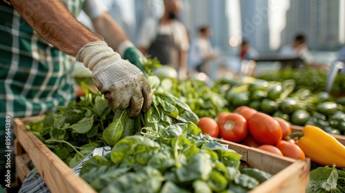 A person wearing a green apron and gloves is meticulously sorting through a variety of fresh, vibrant vegetables comprising leafy greens, cucumbers, and ripe tomatoes at a farmer's market stand.