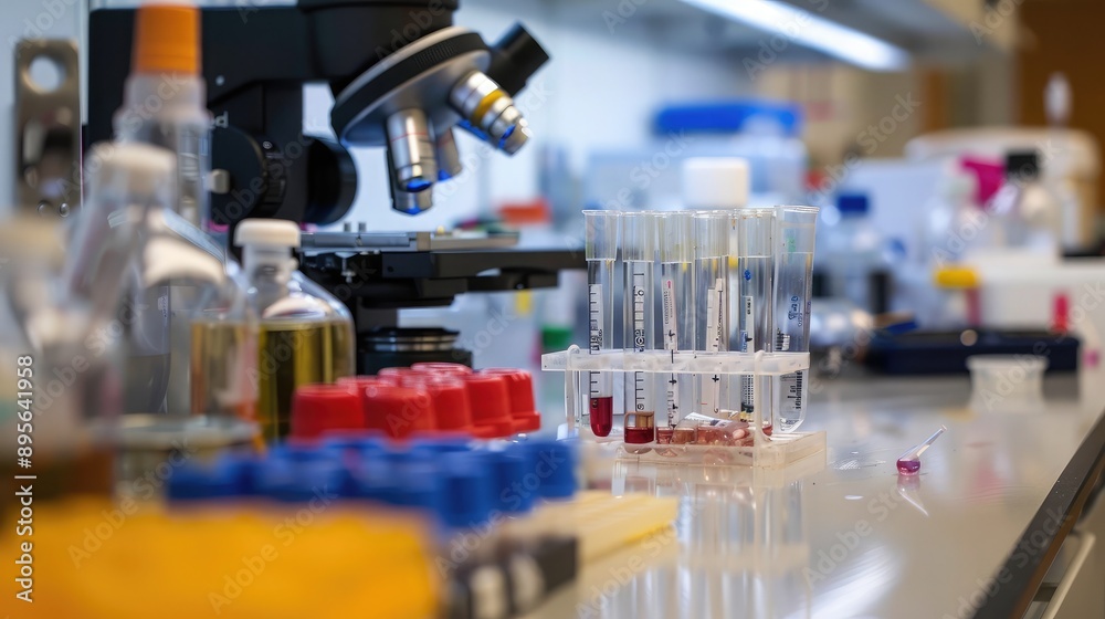 A close-up of lab instruments, including a pipette, test tubes, and a centrifuge. A close-up of lab instruments, including a pipette, test tubes, and a centrifuge.