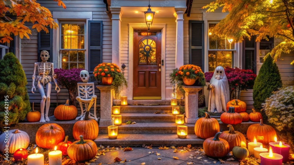 Obraz premium A festive autumnal front porch adorned with vibrant pumpkins, eerie glowing ghosts, and spooky skeletal figures welcomes eerie Halloween night.