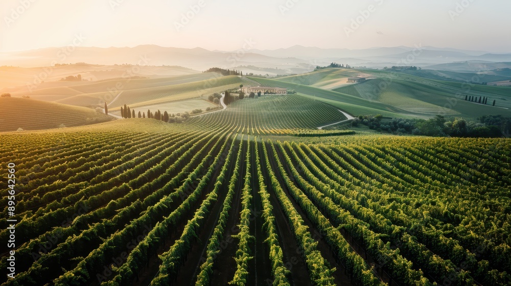 This beautiful image captures an expansive vineyard landscape at sunrise, highlighting the rolling hills, lush grapevines, and a distant rustic farmhouse under the golden light.