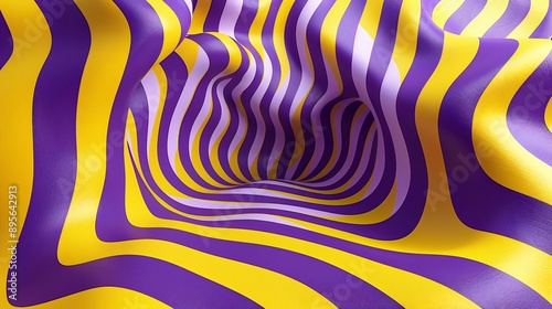 Twisting 3D lines, colorful purple and yellow background, depth and shadows, playful effect, dynamic and striking design. photo