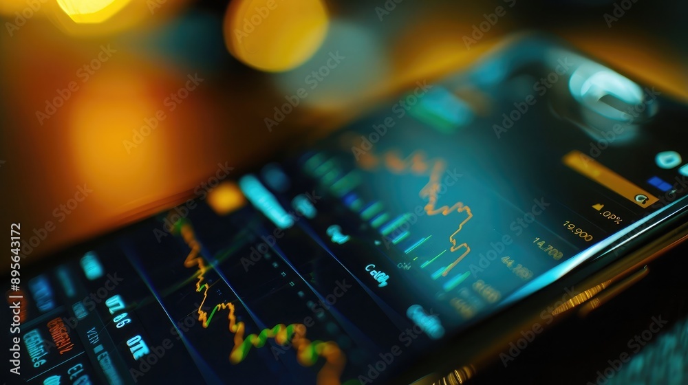 A close-up of a smartphone with a stock market app open. A close-up of a smartphone with a stock market app open.