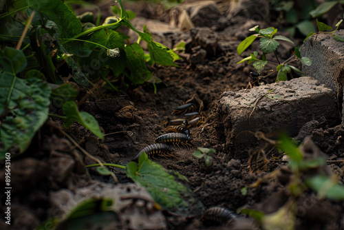 The background is a garden, the foreground is dark and humid soil, the ground is covered with some centipedes