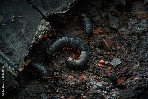 The background is a garden, the foreground is dark and humid soil, the ground is covered with some centipedes