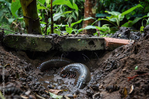The background is a garden, the foreground is dark and humid soil, the ground is covered with some centipedes