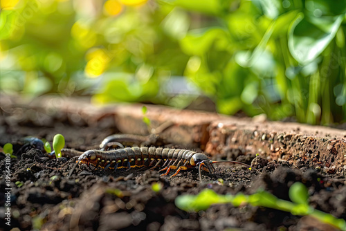 The background is a garden, the foreground is dark and humid soil, the ground is covered with some centipedes