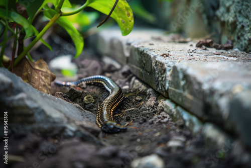 The background is a garden, the foreground is dark and humid soil, the ground is covered with some centipedes