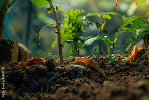 The background is a garden, the foreground is dark and humid soil, the ground is covered with some centipedes