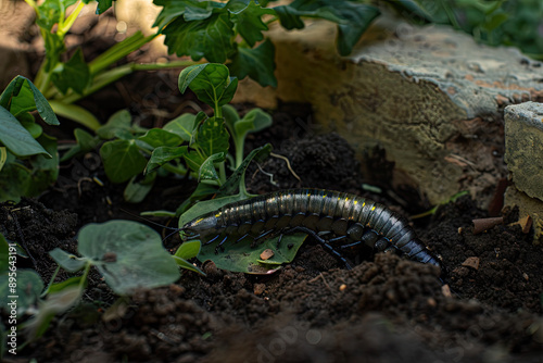 The background is a garden, the foreground is dark and humid soil, the ground is covered with some centipedes