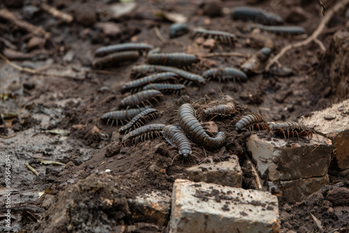 The background is a garden, the foreground is dark and humid soil, the ground is covered with some centipedes