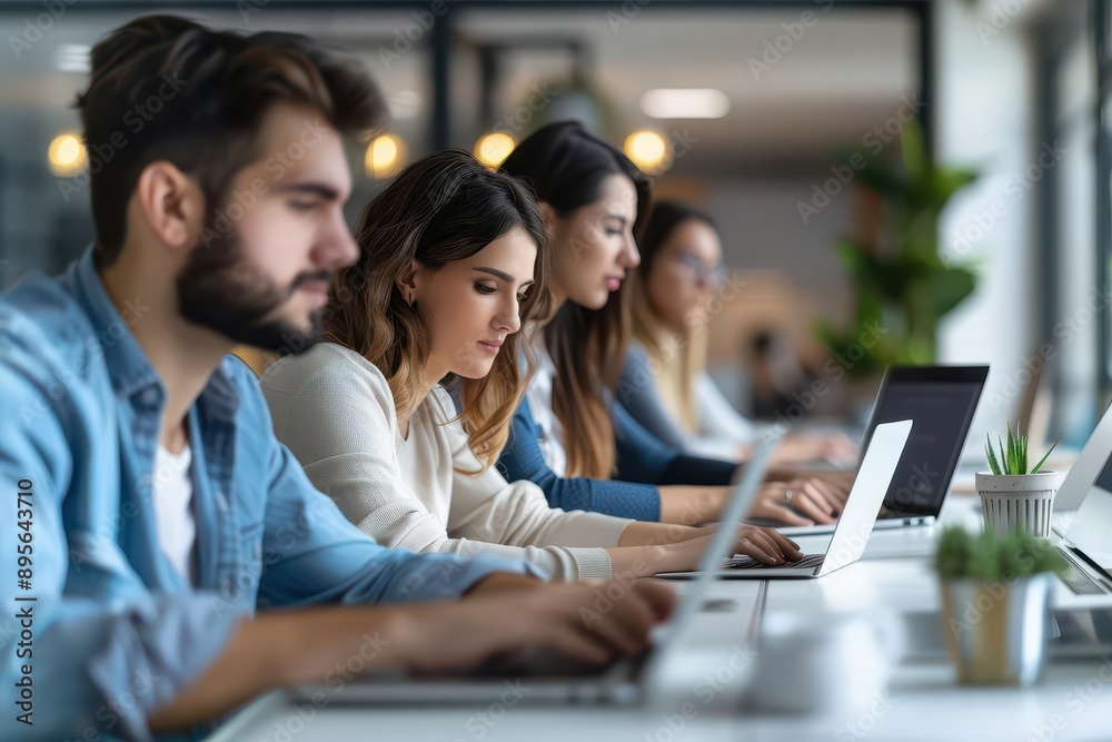 Group of professionals working together on laptops, modern office, collaborative environment, photorealistic Group of professionals working together on laptops, modern office, collaborative environment, photorealistic