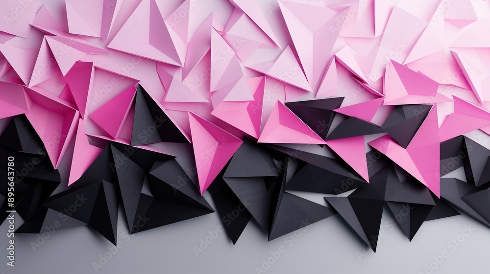 A collection of black and pink origami on a gray surface, surrounded by a light pink backdrop A collection of black and pink origami on a gray surface, surrounded by a light pink backdrop