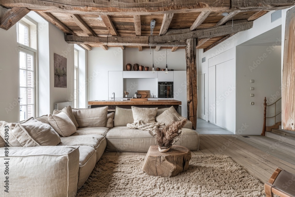 Interior of a spacious living room in a country house with wooden beams Interior of a spacious living room in a country house with wooden beams