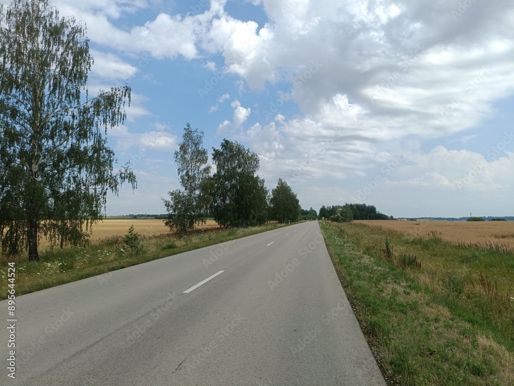Aviacijos street in Siauliai. Empty street in suburbs. Sunny day with white and gray clouds in sky. Summer season. Aviacijos gatve Siauliuose. Aviacijos street in Siauliai. Empty street in suburbs. Sunny day with white and gray clouds in sky. Summer season. Aviacijos gatve Siauliuose.